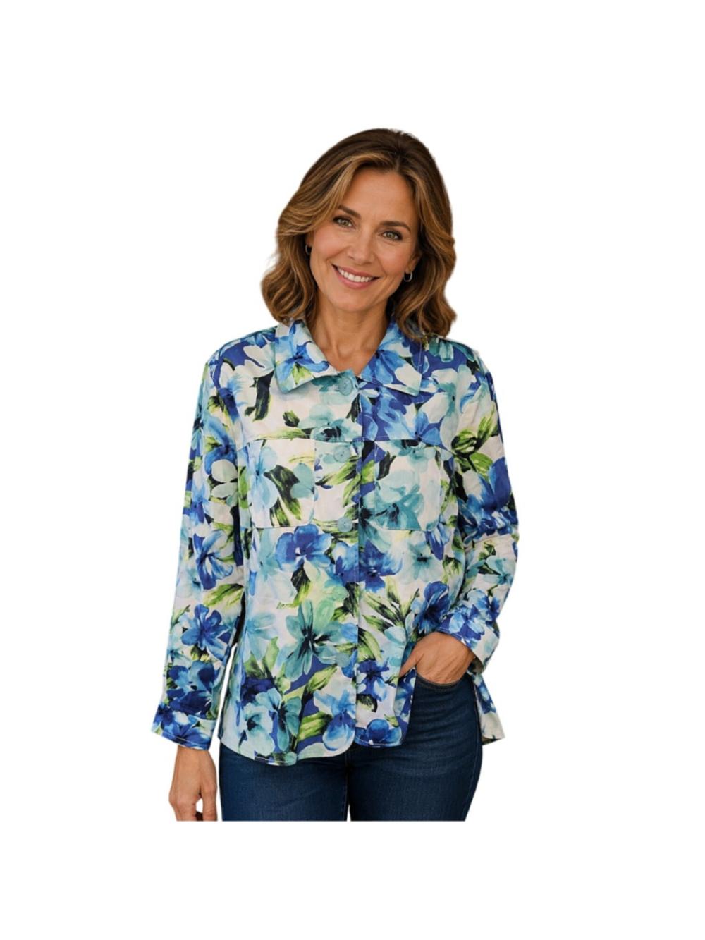 Drapers & Damon's PETITE L LP blue floral shaket long sleeve button up NWOT vtg